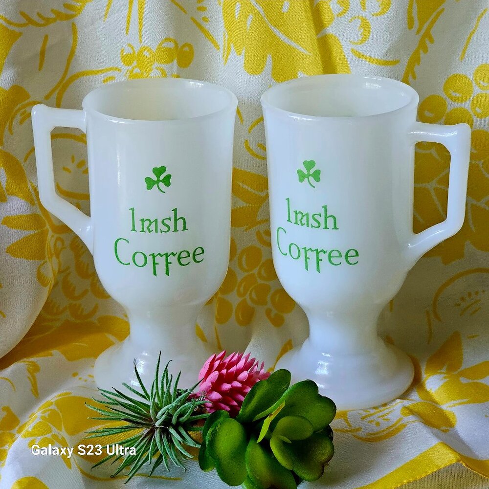 Vintage PAIR Irish Coffee Green Shamrock Design Pedestal Mug White Milk Glass